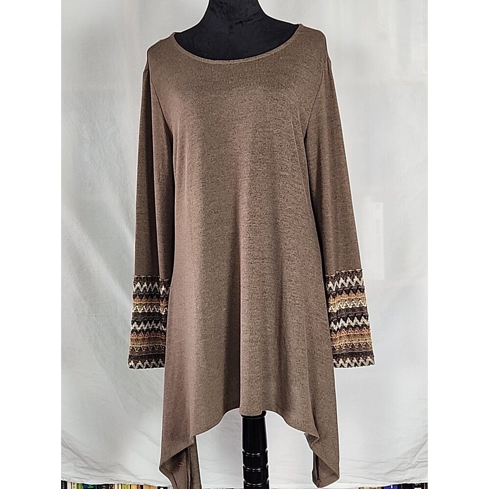 Indigo Soul Boho Brown Tunic Mini Dress Asymmetrical Hem Embroider Sleeve Large